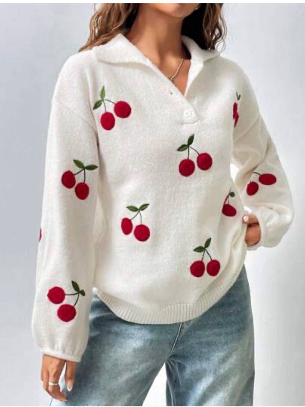 White Cherry Print Knit Pullover